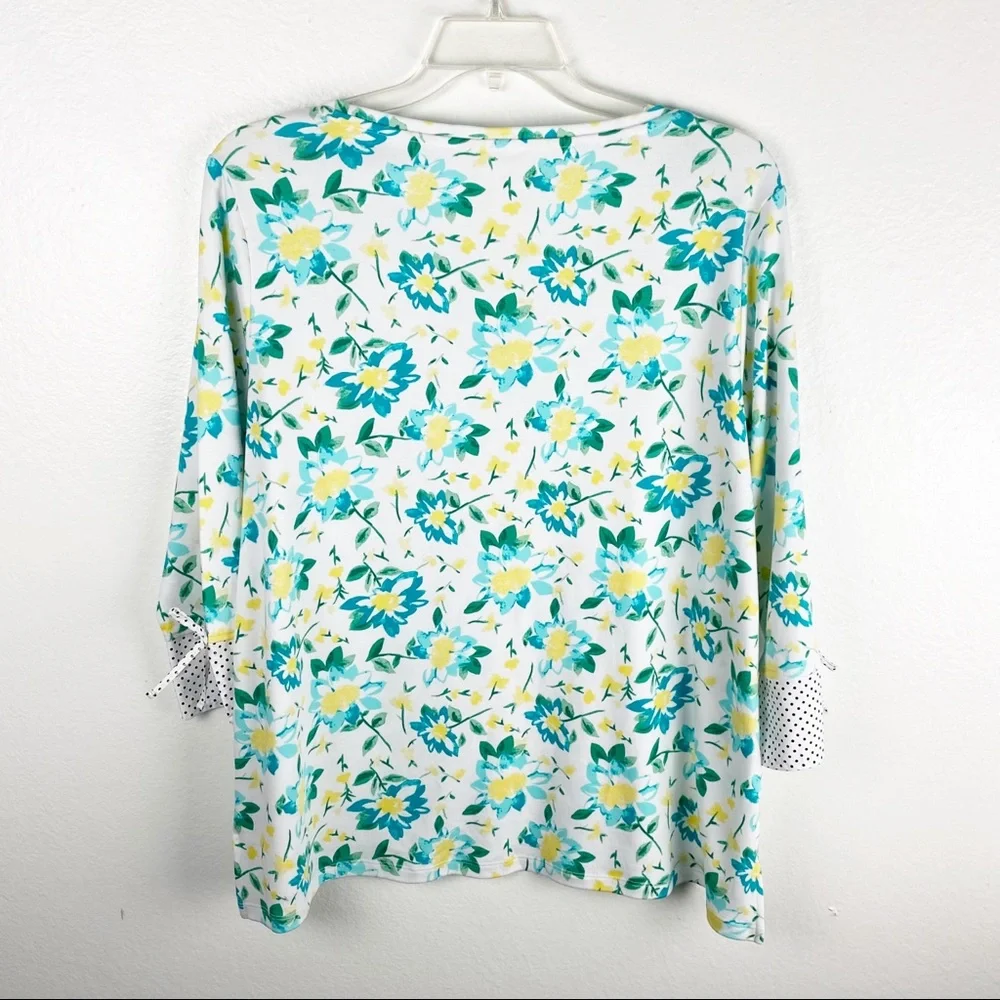 KIM ROGERS 100% Cotton Floral Polka Dot Bow Cuff Curvy Top 1X Casual Spring Boho - Picture 2 of 7